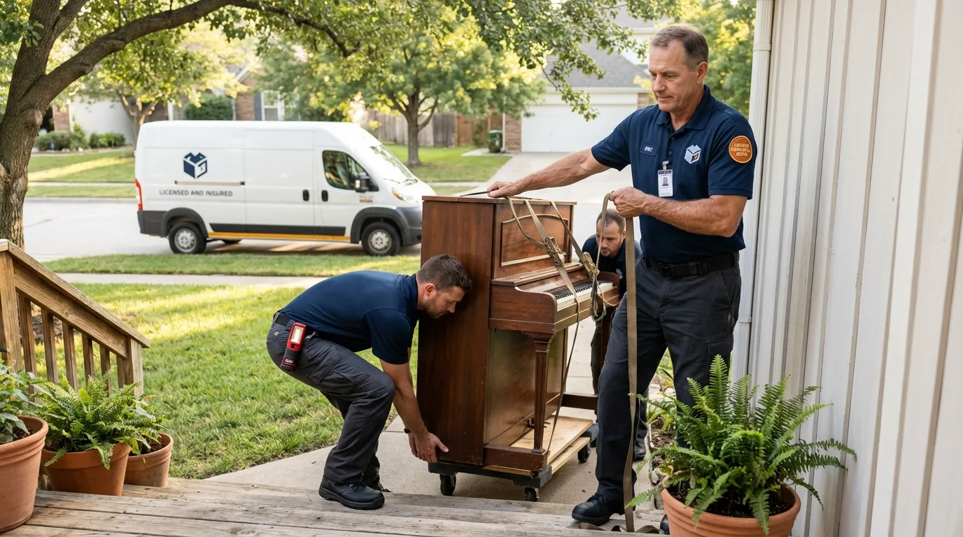 Licensed piano movers securing grand piano in Griffith, IN