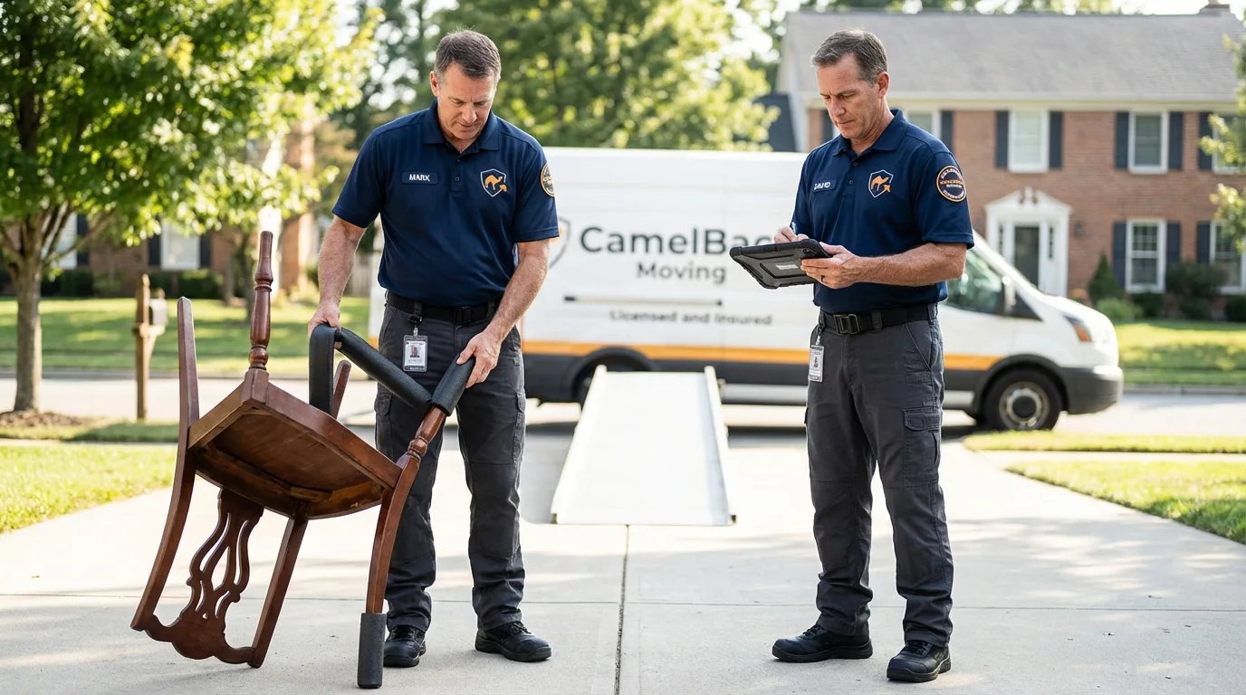 Movers inspecting furniture for damage prevention before loading in Griffith, IN
